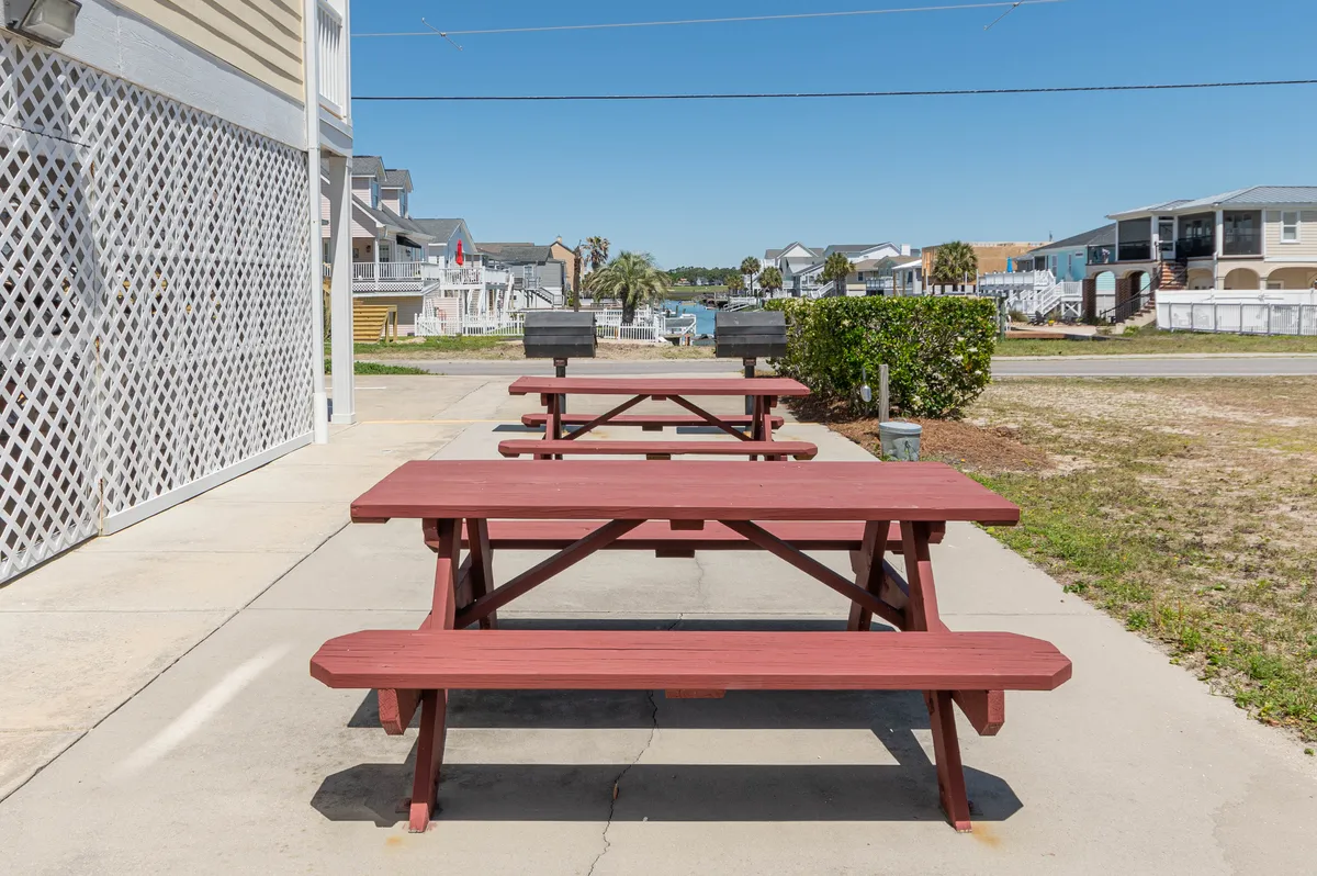 A lively outdoor area with red picnic tables and barbecue grills set against a scenic waterfront backdrop. The space is perfect for social gatherings, family barbecues, and picnics, enhancing the sense of community and play.